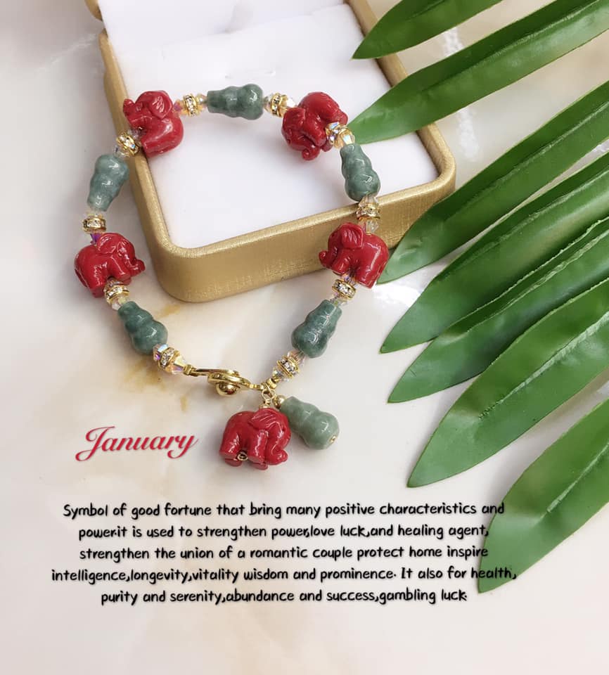 Lucky Charm Authentic Jade & Powder Collar Elephant Bracelet